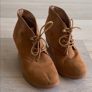 Tan suede wedge booties